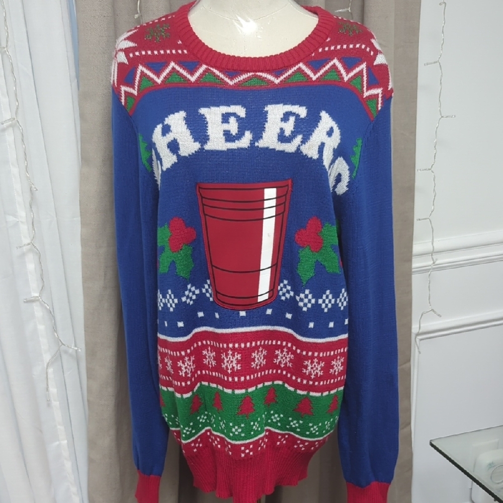 Hybrid Holiday Men's Ugly Christmas Sweater Red Solo Cup Pouch sweater size S